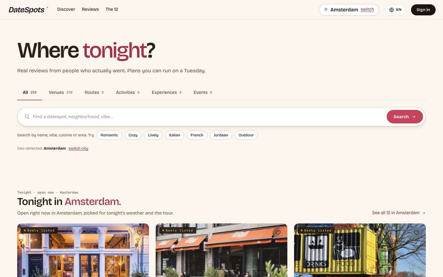 The DateSpots home page asking Where tonight.