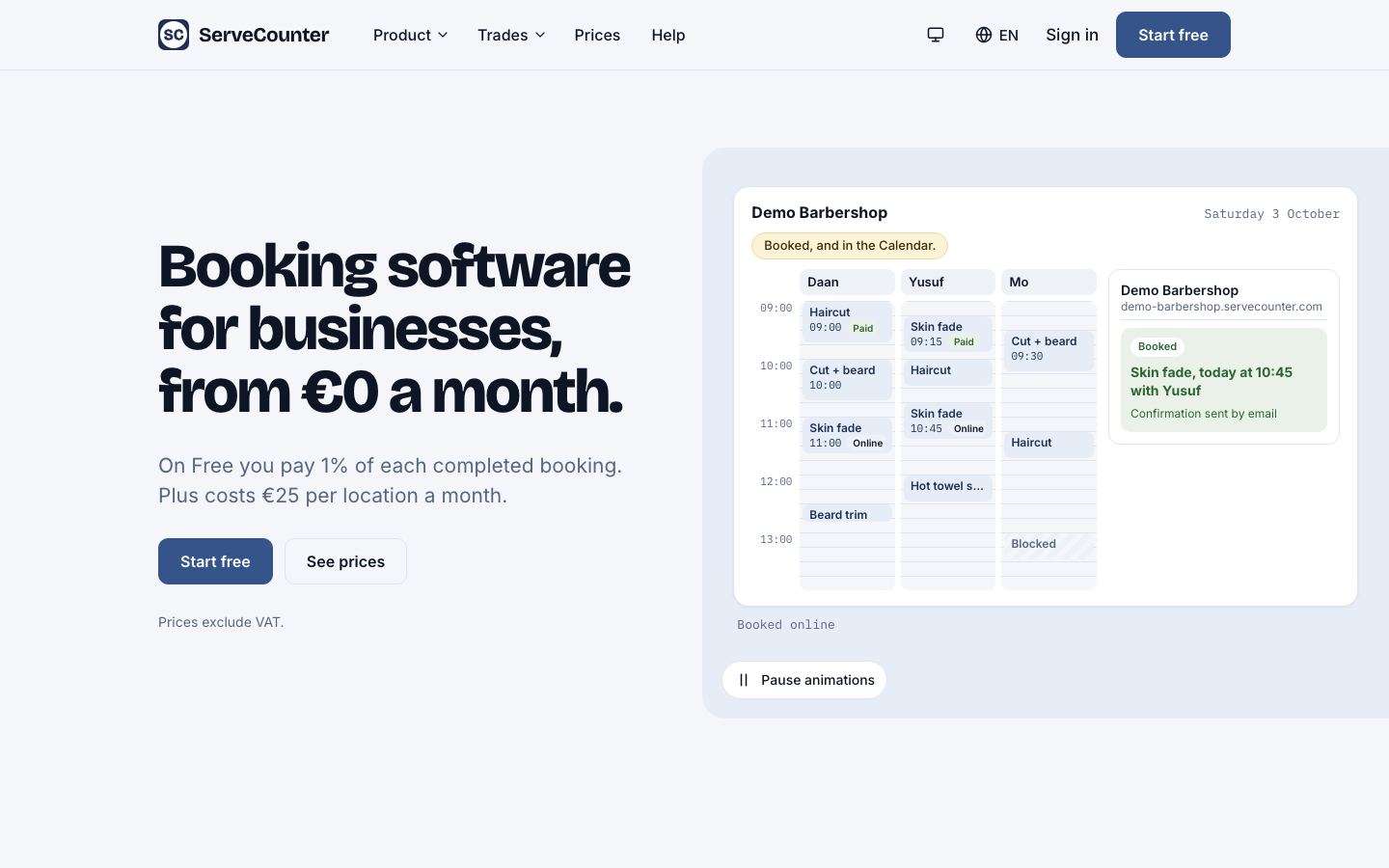ServeCounter, one of our own products: a demo barbershop calendar.